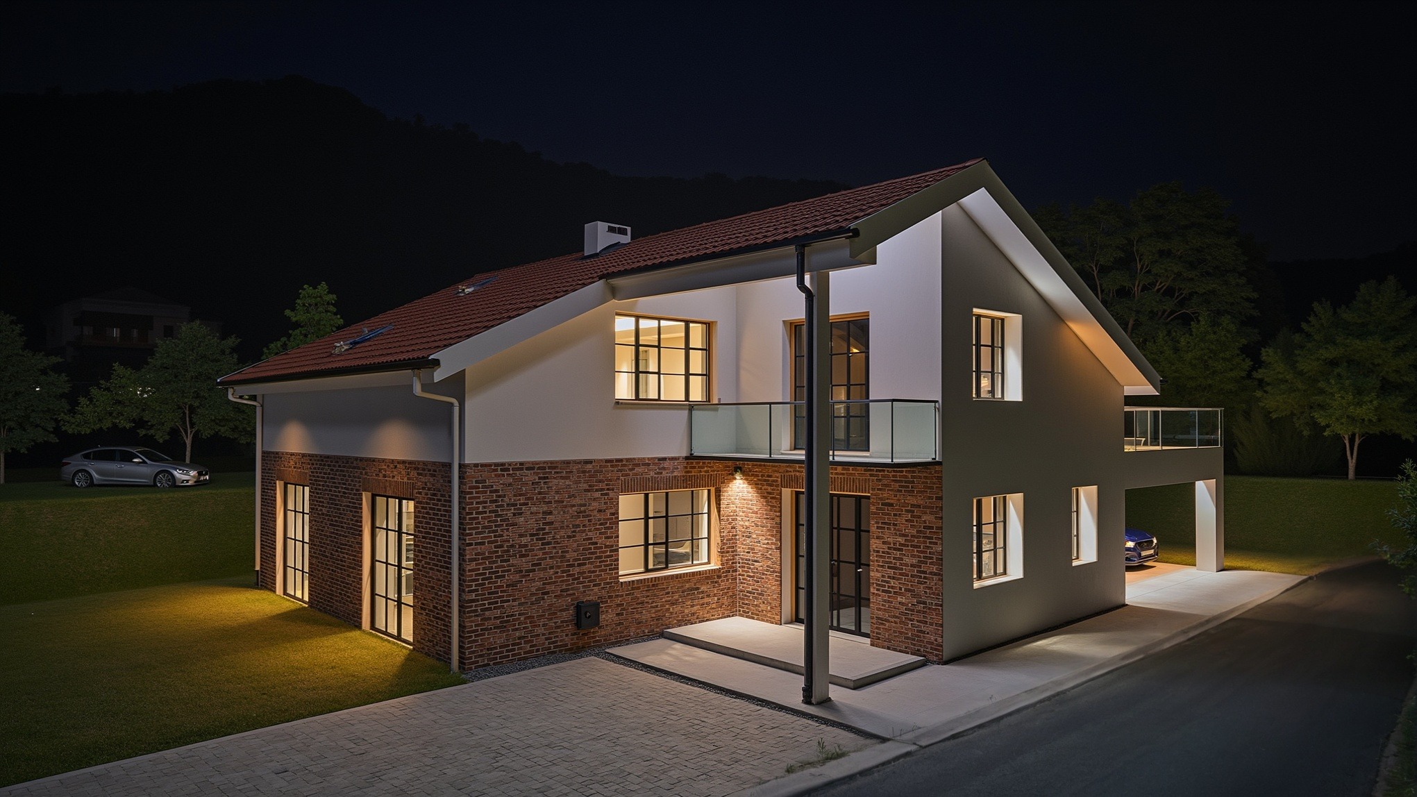 Dwukondygnacyjny dom jednorodzinny z ceglaną fasadą i balkonem, oświetlony nocą. Widoczny samochód i zieleń w tle, podkreślające nowoczesny design i otoczenie budynku.