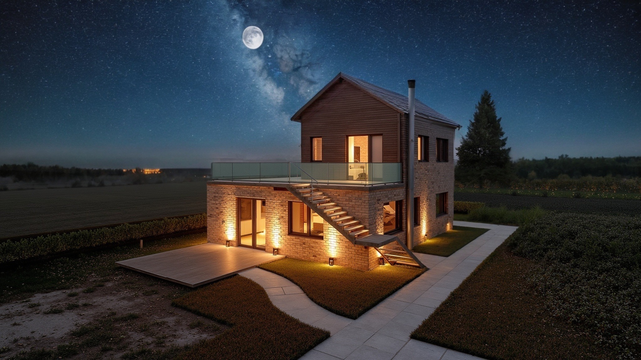 Dwukondygnacyjny dom z cegły i drewna z tarasem widokowym pod rozgwieżdżonym niebem, oświetlony ciepłym światłem. Schody prowadzą na taras. Widoczny krajobraz.