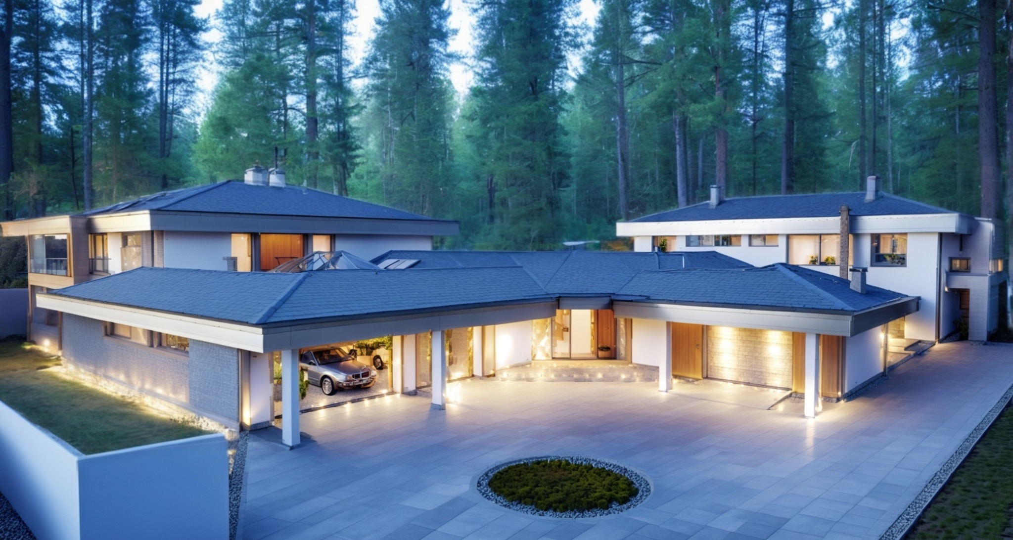 Rozległy, nowoczesny dom jednorodzinny z garażem na dwa auta, otoczony lasem. Elewacja w jasnych barwach, ciemny dach, oświetlenie zewnętrzne. Projekt rozbudowy z częścią wellness.