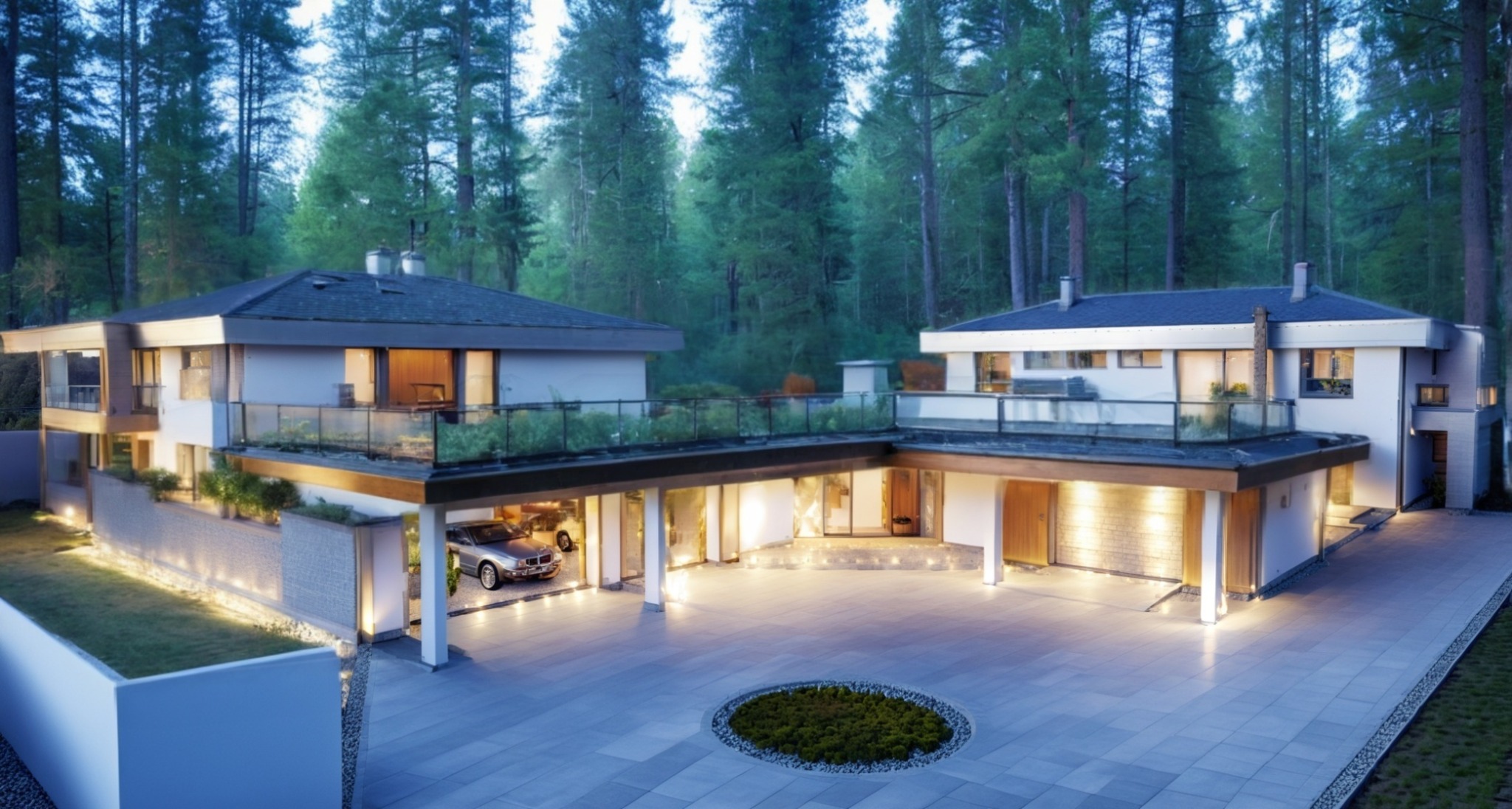 Nowoczesny, rozległy dom jednorodzinny z płaskim, zielonym dachem, zintegrowany z otaczającym lasem. Widoczny podjazd z elementami zieleni i garaż z zaparkowanym samochodem.