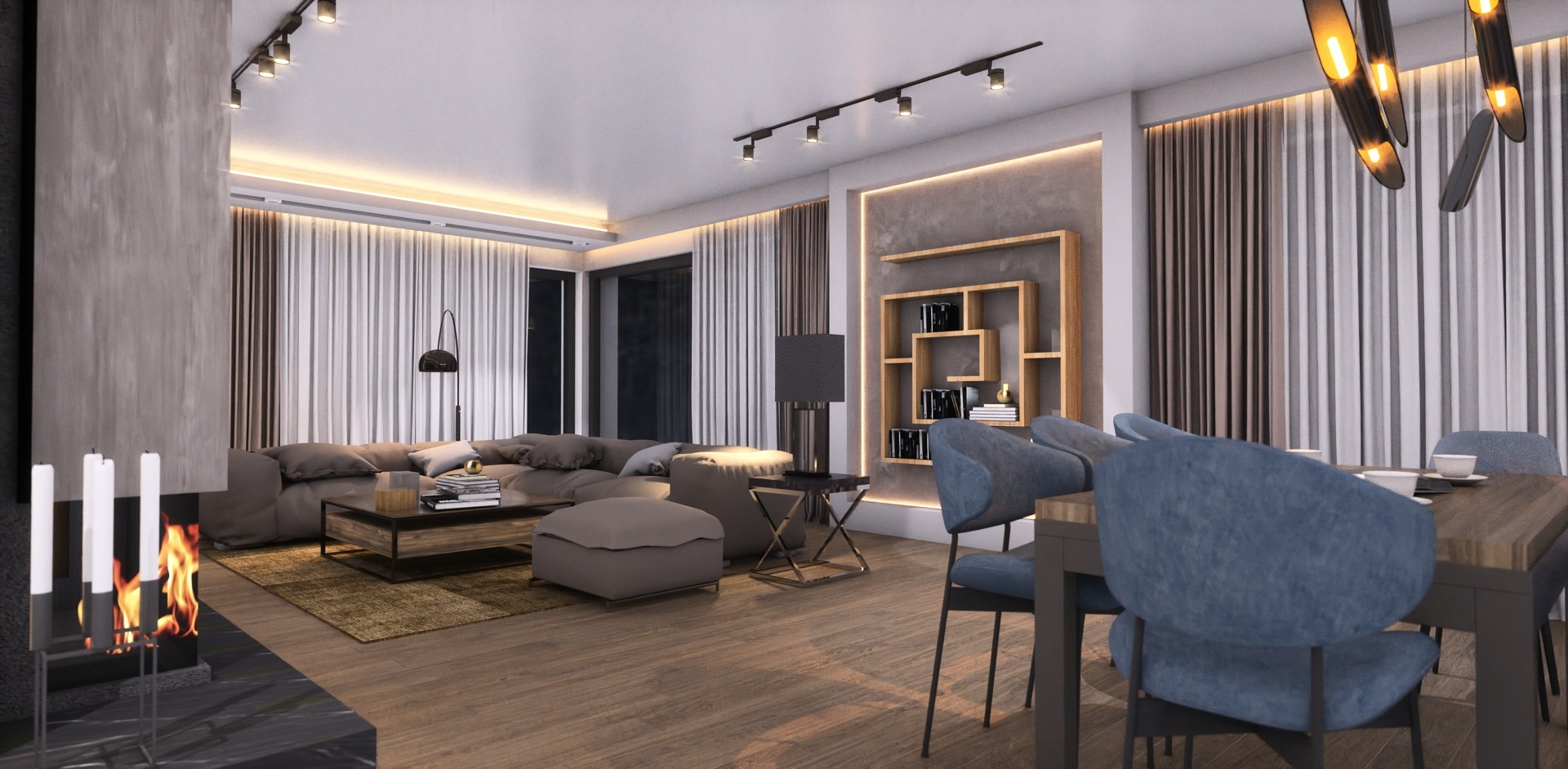 Nowoczesny salon z szarym narożnikiem, pufą, drewnianą podłogą i kominkiem z płomieniami, oświetlony lampami sufitowymi i dekoracyjną lampą wiszącą nad stołem z niebieskimi krzesłami.