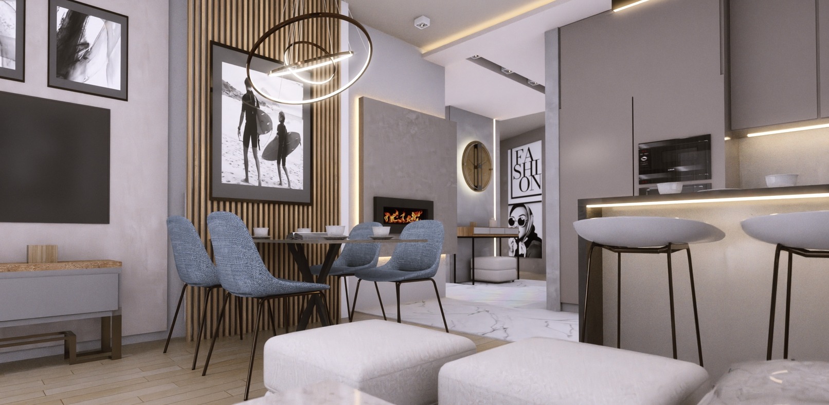 Nowoczesne wnętrze mieszkania z otwartą przestrzenią: jadalnia z drewnianą ścianką, okrągły żyrandol, czarno-białe zdjęcia na ścianach, kominek elektryczny i wyspa kuchenna z hokerami.