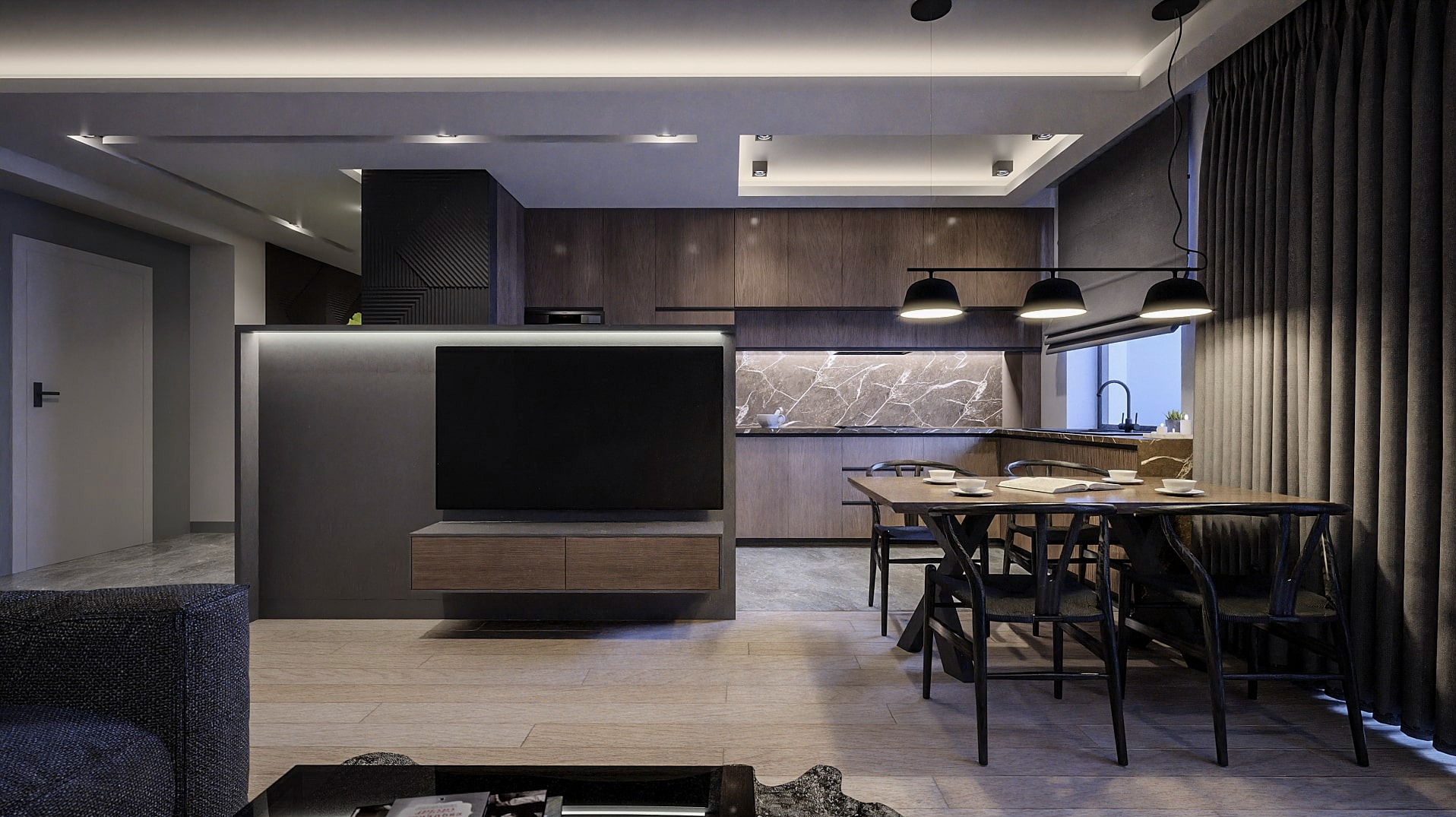 Nowoczesne wnętrze mieszkania z otwartą kuchnią, jadalnią i salonem. Widoczna minimalistyczna zabudowa kuchenna z marmurowym blatem, drewniany stół z czarnymi krzesłami i zasłony w odcieniach...