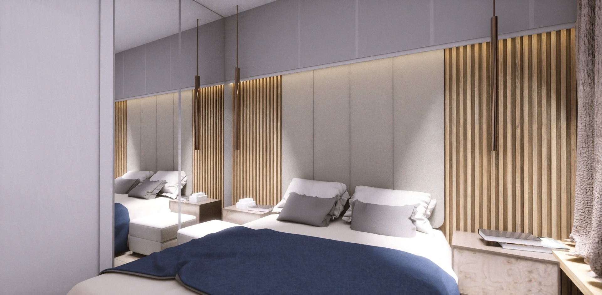 Nowoczesna sypialnia z łóżkiem, niebieską narzutą, drewnianą ścianą i wiszącymi lampami, odbicie w lustrze po lewej stronie.