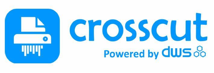 Niebieskie logo Crosscut z ikoną niszczarki dokumentów i tekstem 'Powered by dWS'.