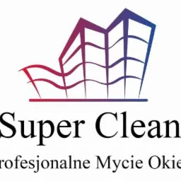 Logo firmy Super Clean z gradientowym budynkiem. Napis 'Profesjonalne Mycie Okien' czcionką szeryfową pod nazwą firmy.