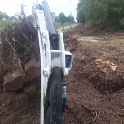 Bobcat z łyżką pełną korzeni drzew na placu budowy, widoczne świeże ślady pracy w gruncie, w tle zalesiony teren i budynek.