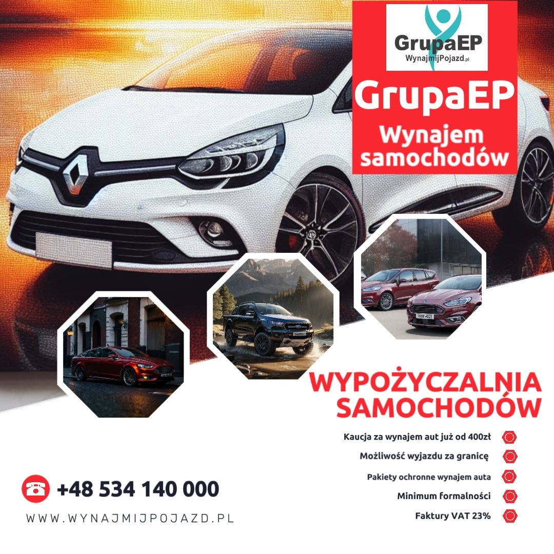 Grafika reklamowa z białym Renault Clio na górze, logo GrupaEP z napisem 'Wynajem samochodów', zdjęcia terenowego Forda Rangera i czerwonych samochodów osobowych, hasło 'Wypożyczalnia samochodów'...