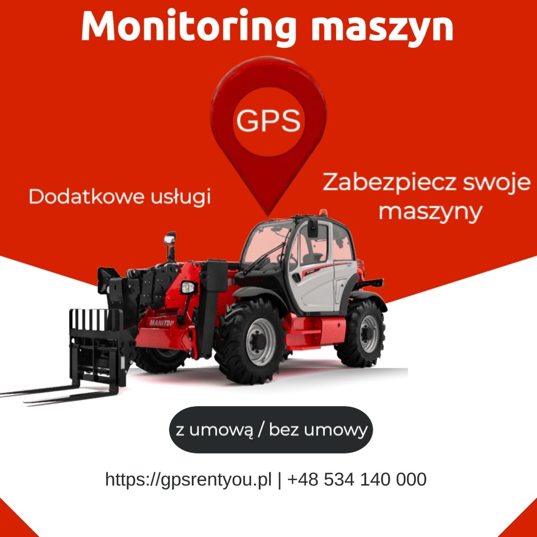 Grafika reklamowa z wizerunkiem czerwono-szarego wózka widłowego marki Manitou i informacją o monitoringu maszyn przez GPS, dodatkowych usługach i zabezpieczeniu sprzętu.