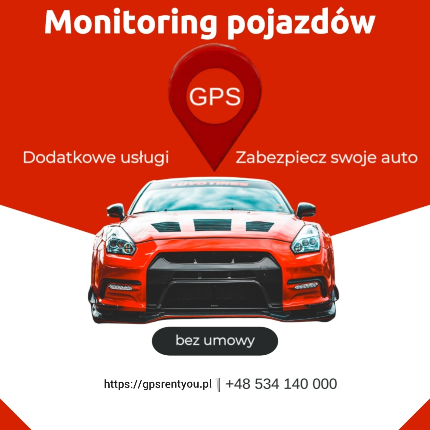 Grafika reklamowa z czerwonym sportowym samochodem i ikoną GPS, informująca o monitoringu pojazdów w Gorzowie Wielkopolskim, z hasłami 'Dodatkowe usługi' i 'Zabezpiecz swoje auto'.