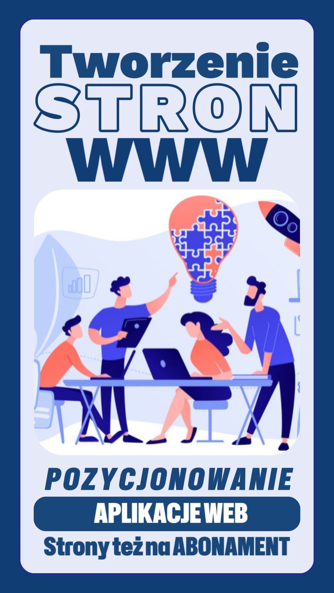 Ilustracja przedstawia zespół projektujący strony internetowe, z żarówką z puzzli symbolizującą kreatywne pomysły i rakietą w tle, całość w pastelowej kolorystyce.