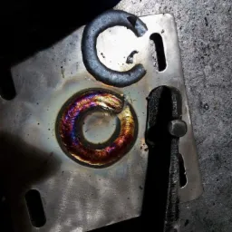 Metalowa płytka z otworem i przyspawanym pierścieniem, widoczne tęczowe zabarwienia spoiny, obok leży fragment metalu w kształcie litery C i narzędzie zaciskowe.