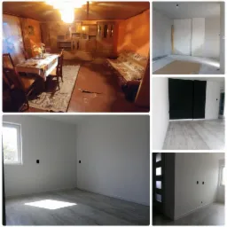 Kolaż zdjęć przedstawiający remont pokoju: od stanu pierwotnego z meblami i pomarańczowymi ścianami, przez etap z płytami na ścianie i surowym wykończeniem, po efekt końcowy z białymi ścianami...