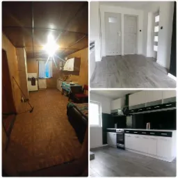 Kolaż przedstawiający wnętrze przed i po remoncie: stara kuchnia z brązową podłogą i meblami kontra nowoczesna biało-czarna kuchnia z szarymi płytkami podłogowymi oraz korytarz z szarą podłogą...