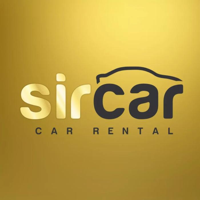 Logo firmy 'sircar car rental' na złotym tle, stylizowane litery i obrys samochodu.