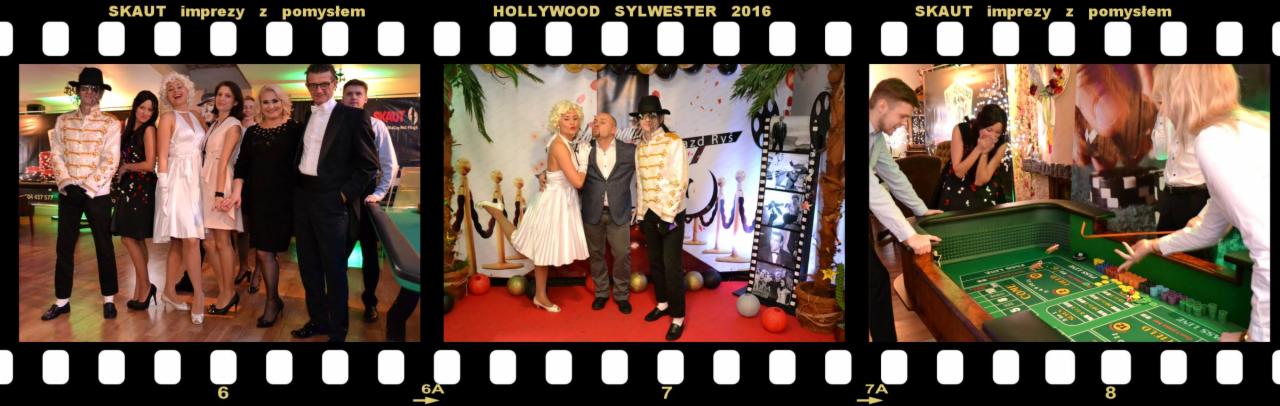 Tematyczna impreza sylwestrowa w stylu Hollywood: goście przebrani za gwiazdy filmowe pozują na czerwonym dywanie, a w tle dekoracje imitujące plan filmowy i kasyno z zielonym stołem do gry.