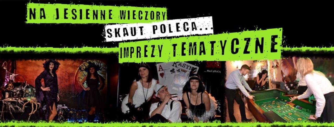 Baner reklamowy agencji eventowej: 'Na jesienne wieczory SKAUT poleca... Imprezy Tematyczne'. Kolaż zdjęć z imprez tematycznych: Halloween, Kasyno, lata 20.
