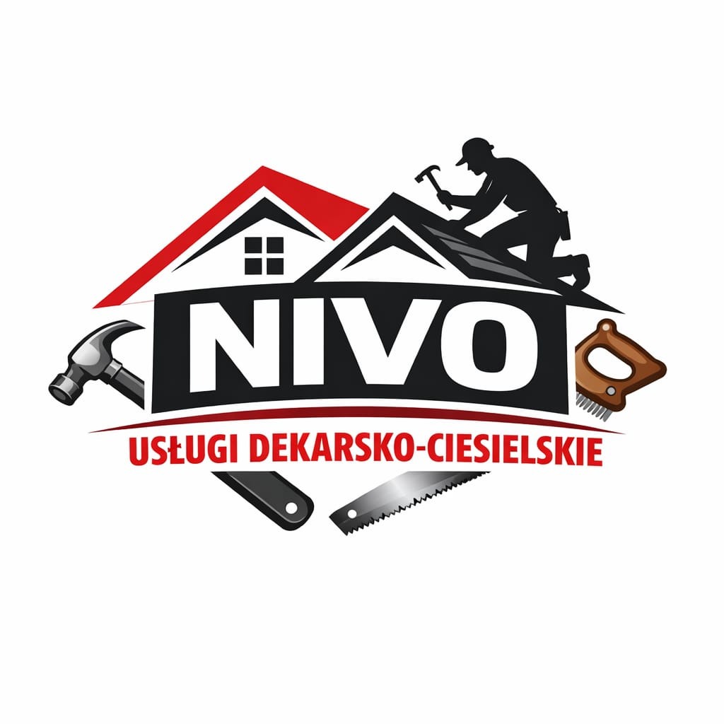 Logo firmy dekarsko-ciesielskiej NIVO z sylwetką dekarza pracującego na dachu, młotkiem, piłą i napisem 'Usługi dekarsko-ciesielskie'.
