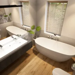 Nowoczesna łazienka z drewnianą podłogą, dwiema owalnymi wannami, podwójną umywalką nablatową na szarej szafce, toaletą, grzejnikiem drabinkowym i abstrakcyjnym obrazem kobiety.