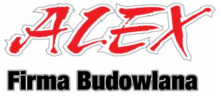 Logo firmy budowlanej ALEX: czerwony, dynamiczny napis ALEX nad czarnym napisem Firma Budowlana, całość na białym tle.
