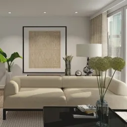 Wizualizacja salonu w Wejherowie z kremową sofą, czarnym stolikiem kawowym i widokiem na miasto za oknem. Na stoliku leżą książki, a w wazonie stoją kwiaty. Na ścianie wisi obraz w czarnej ramie.