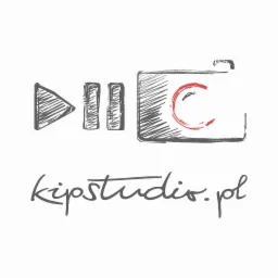 Szkicowe logo firmy kipstudio.pl z motywem przycisku odtwarzania, pauzy i kamery z czerwonym akcentem w obiektywie.