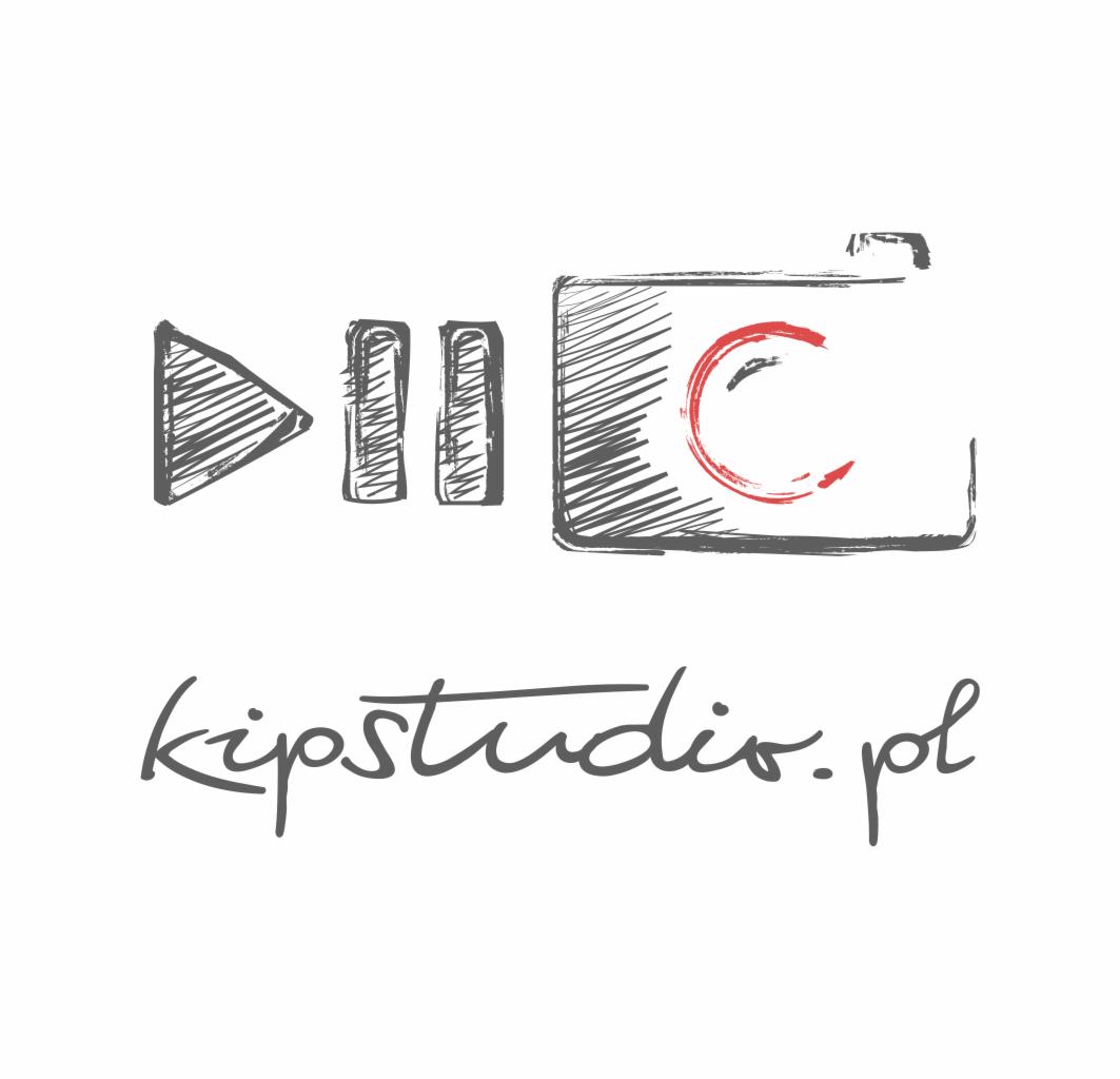 Szkicowe logo firmy kipstudio.pl z motywem przycisku odtwarzania, pauzy i kamery z czerwonym akcentem w obiektywie.