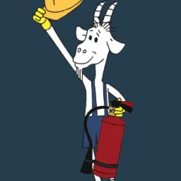 Kresk&oacute;wka przedstawia kozę w kombinezonie, trzymającą kask budowlany w jednej ręce i gaśnicę w drugiej, prawdopodobnie symbolizującą usługi związane z bezpieczeństwem w Bydgoszczy.