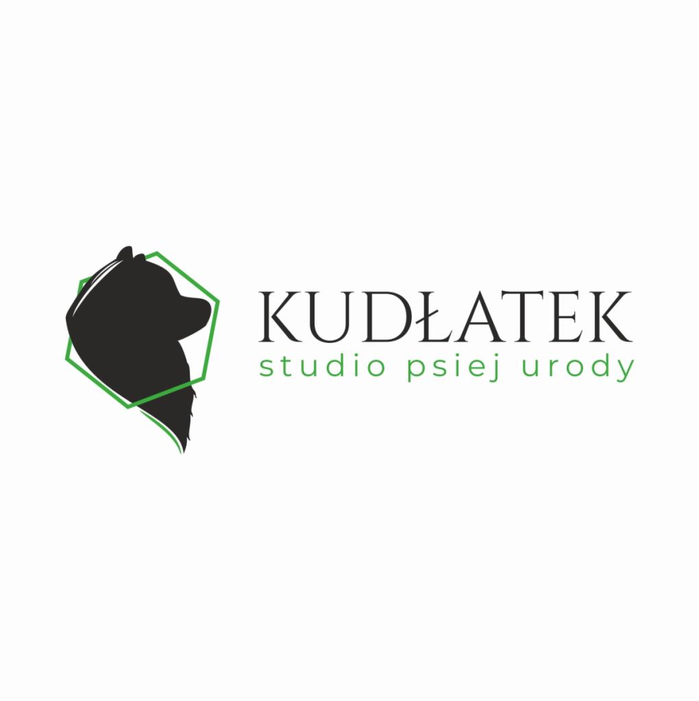 Logo firmy Kudłatek, studio psiej urody. Sylwetka psa w zielonym obrysie geometrycznym.