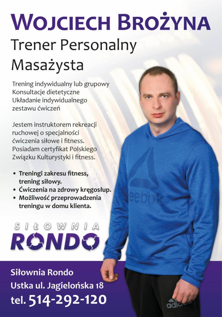 Wojciech Brożyna, trener personalny i masażysta, w niebieskiej bluzie Reebok, oferta treningów indywidualnych i grupowych, konsultacji dietetycznych, układania zestawów ćwiczeń, siłownia Rondo...