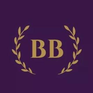 Logo firmy BB w kolorze złotym, otoczone wieńcem z liści na ciemnofioletowym tle.