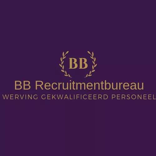 Logo firmy BB Recruitmentbureau na fioletowym tle, z inicjałami BB w wieńcu laurowym i hasłem 'Werving Gekwalificeerd Personeel'.