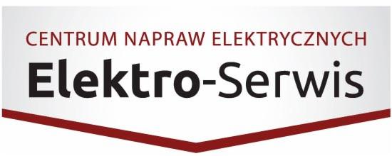 Logo firmy Elektro-Serwis: Centrum Napraw Elektrycznych z czerwonym akcentem graficznym.