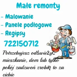Ilustracja reklamowa usług remontowych: malowanie, panele podłogowe, regipsy, numer telefonu i hasło 'Potrzebujesz odświeżyć mieszkanie, dom lub tylko pokój zadzwoń zrobię to za ciebie', obok...