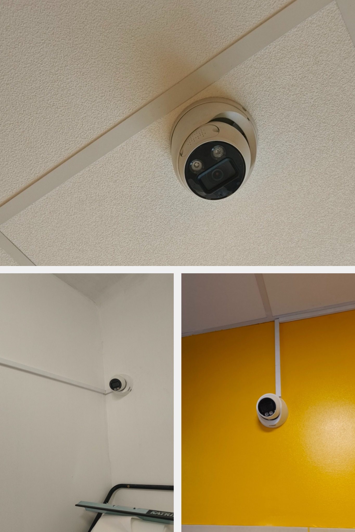 Kamera kopułkowa monitoringu, zamontowana na suficie z widoczną białą listwą. Dodatkowe ujęcia kamery na ścianie w rogu pomieszczenia i na żółtej ścianie.