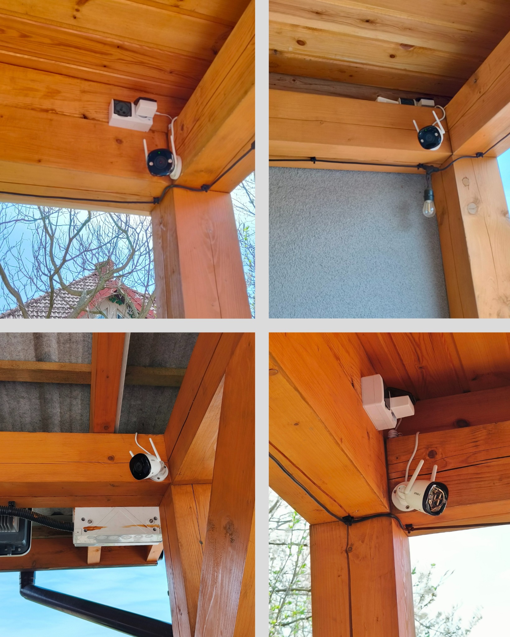 Montaż kamery IP na drewnianej konstrukcji altany. Widoczne przewody, gniazdko elektryczne i sama kamera z antenami. Cztery różne ujęcia.