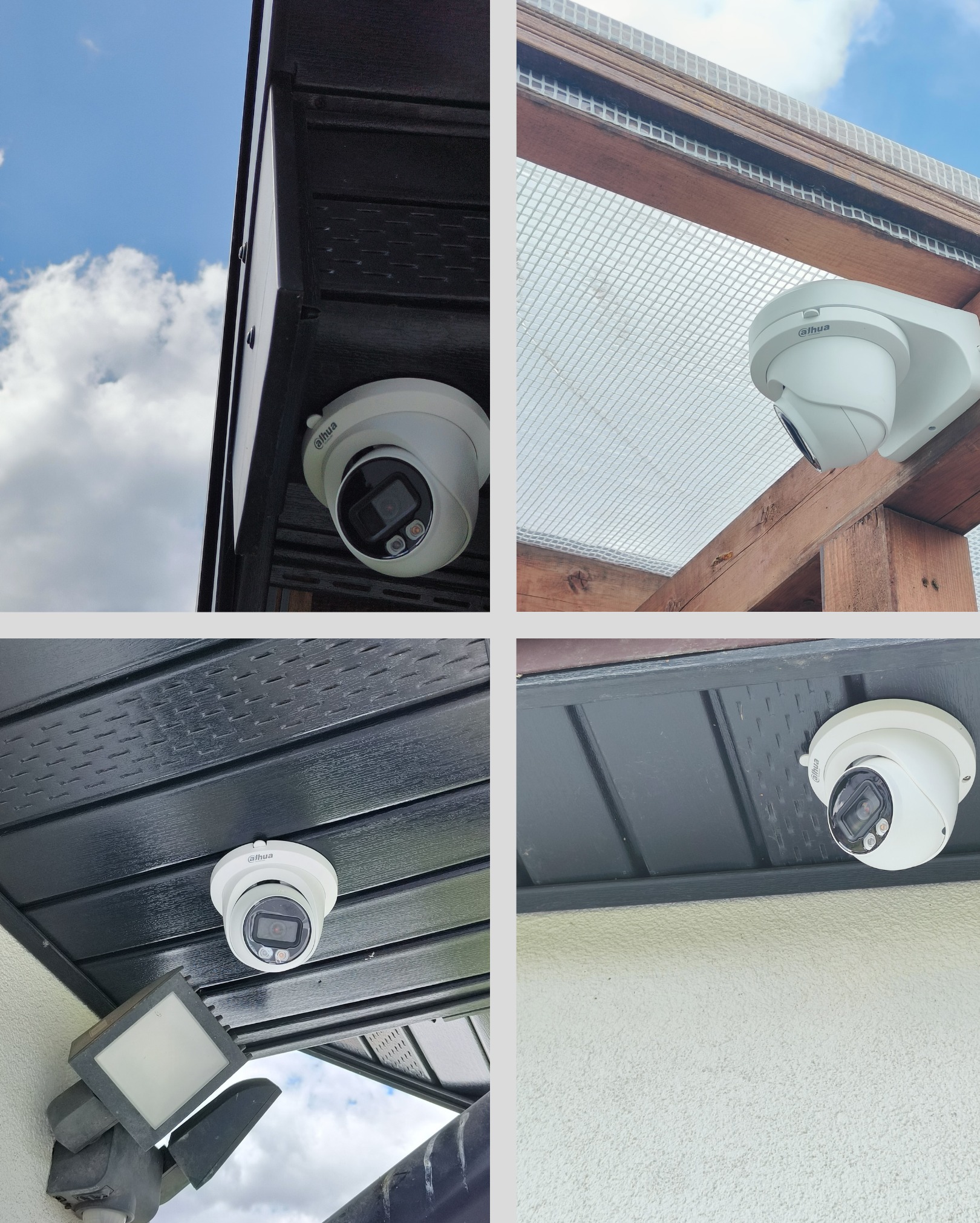 Cztery ujęcia kamery Dahua zamontowanej na zewnątrz budynku, ukazujące różne perspektywy i otoczenie, w tym drewniane elementy konstrukcyjne i fragmenty elewacji.