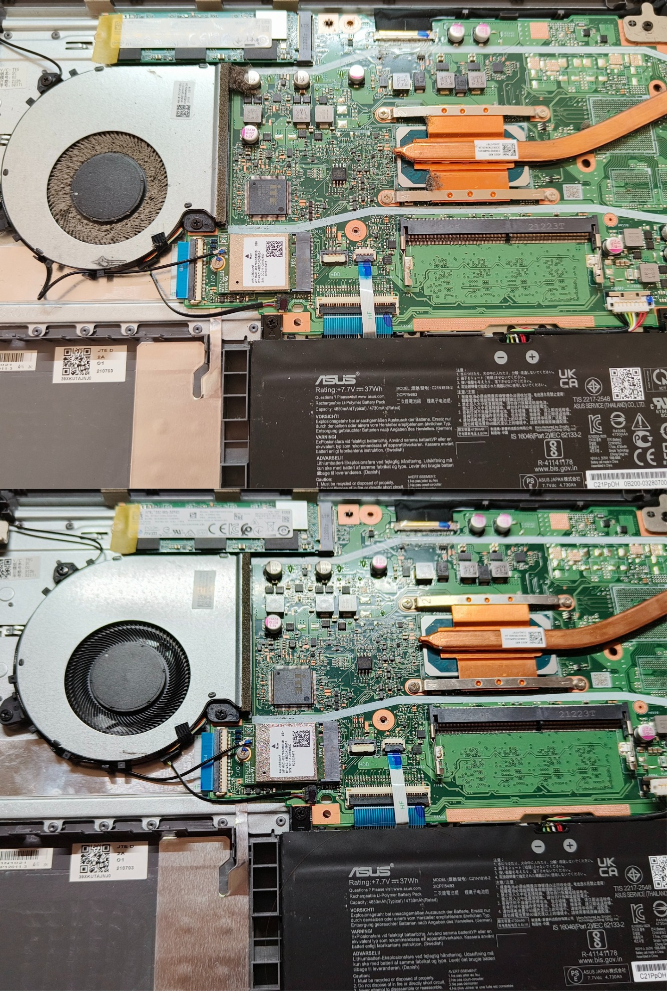 Otwarty laptop ASUS z widoczną płytą główną, baterią i systemem chłodzenia. Detaliczne ujęcie wnętrza komputera podczas potencjalnej naprawy lub serwisu.