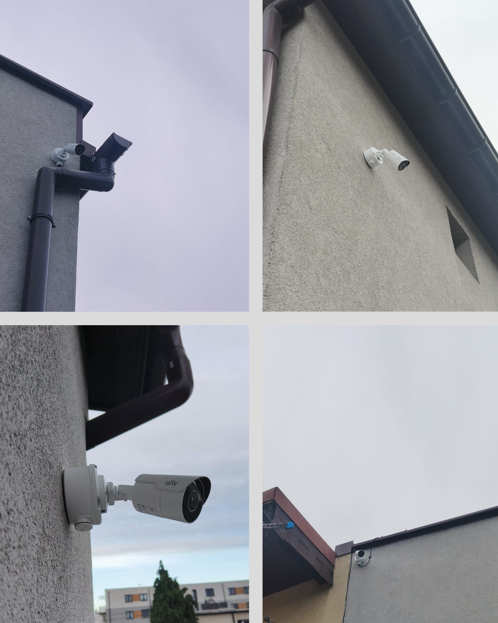 Cztery ujęcia kamery monitoringu zewnętrznego, zamontowanej na elewacji budynku. Widoczne detale montażu i różne kąty widzenia kamer.