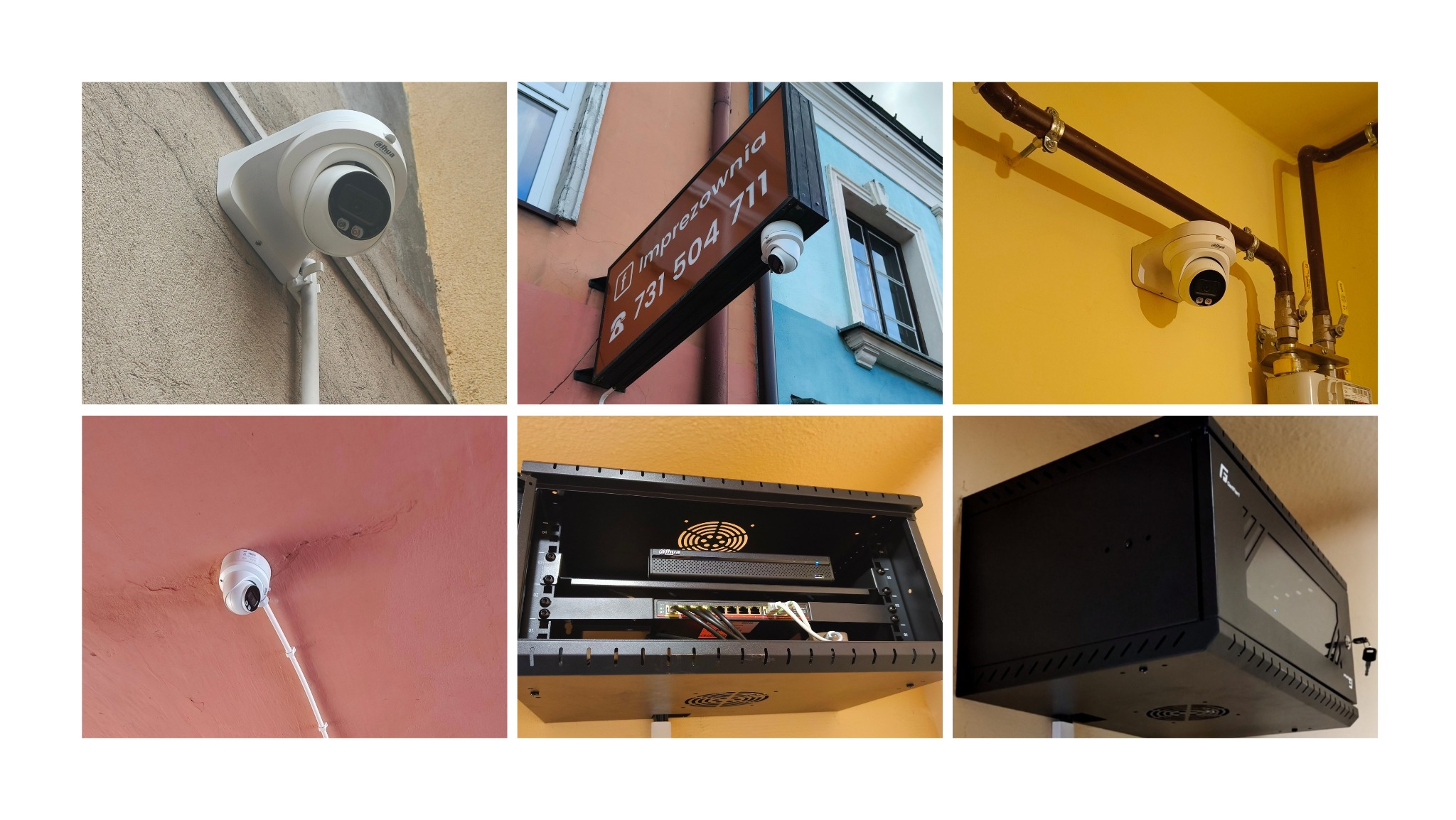 Zestawienie instalacji kamer monitoringu: zewnętrzna kamera kopułkowa na elewacji, kamera pod szyldem firmy, kamera wewnątrz budynku, szafa rack z urządzeniami sieciowymi.