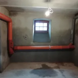Pomieszczenie w trakcie remontu z widocznymi rurami kanalizacyjnymi w kolorze pomarańczowym i szarym, małe okno z drewnianą ramą oraz surowymi ścianami i podłogą z plamami.