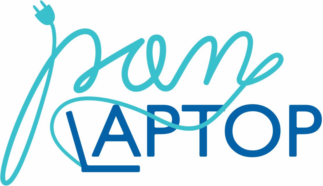 Stylizowane logo firmy z napisem 'Pan Laptop' w kolorach niebieskim i turkusowym, z wtyczką zasilającą wplecioną w litery.