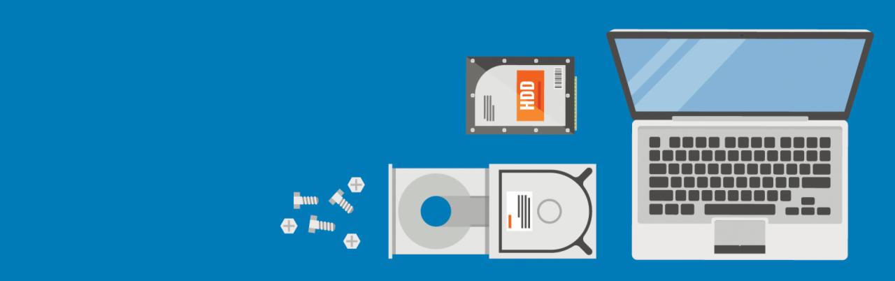 Grafika wektorowa przedstawiająca dysk HDD, napęd CD/DVD, śrubki montażowe i laptop na jednolitym niebieskim tle.