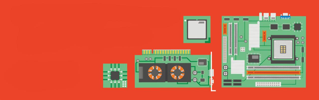 Ilustracja przedstawiająca elementy komputera: płyta główna, karta graficzna z dwoma wentylatorami, procesor i układ scalony na czerwonym tle.