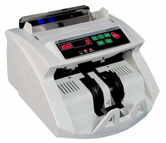 Biała liczarka banknotów Glover GC-10 UV z wyświetlaczem LED pokazującym zero, widoczne przyciski funkcyjne i czarne banknoty w podajniku.