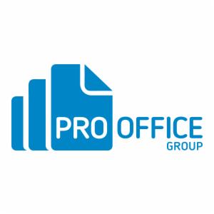 Niebieskie logo Pro Office Group z motywem stylizowanych kartek papieru.