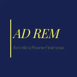 Logo Kancelarii Prawno-Finansowej 'AD REM' na granatowym tle z żółtymi literami i pionową linią.