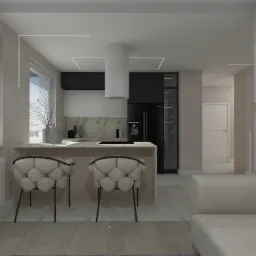 Wizualizacja nowoczesnej kuchni z wyspą i krzesłami o nietypowej fakturze, czarnymi szafkami i lodówką, białym okapem cylindrycznym oraz marmurowym blatem, oświetleniem LED w suficie i dekoracyjną...