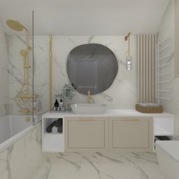 Projekt Studio Dagmara Hus - Wizualizacja łazienki z marmurowymi ścianami, okrągłym lustrem nad umywalką, złotą armaturą, grzejnikiem drabinkowym i beżowymi szafkami pod umywalką.