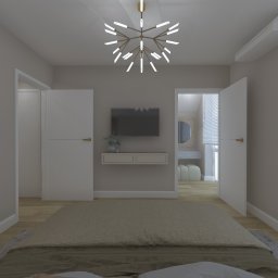 Projekt Studio Dagmara Hus - Sypialnia z łóżkiem w odcieniach beżu, nowoczesnym oświetleniem sufitowym, telewizorem na ścianie i wejściem do garderoby z toaletką.